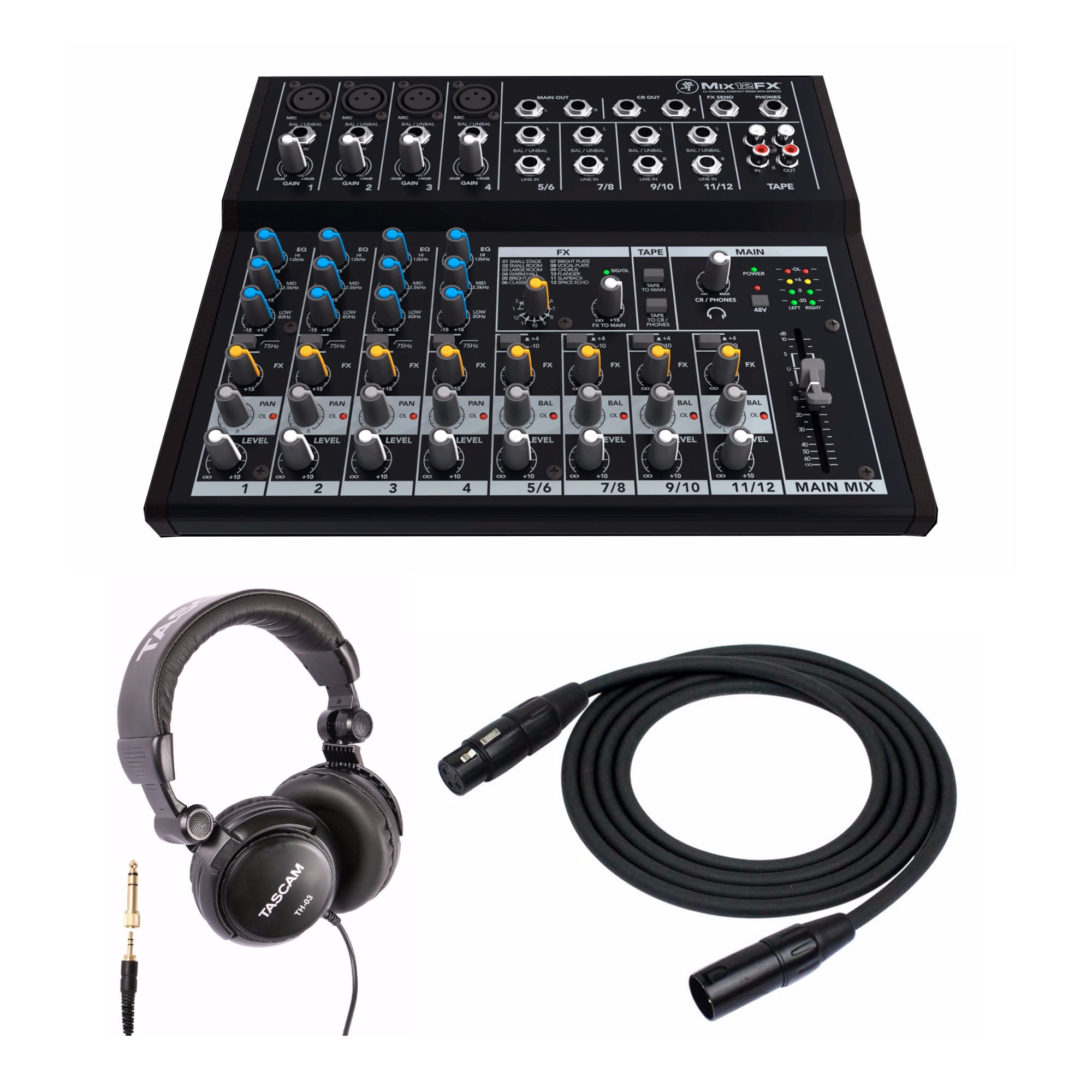 Mackie Mix12FX Compact Effects Mixer with Stereo Headphones and XLR Cable