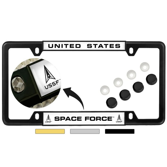[Officially Licensed Product] - United States Space Force - Domed Custom-Made Personalized Narrow (Thin) Top 4 Hole Metal Car License Plate Frame with Free caps - Black, w/b (Qty: 1 Frame)