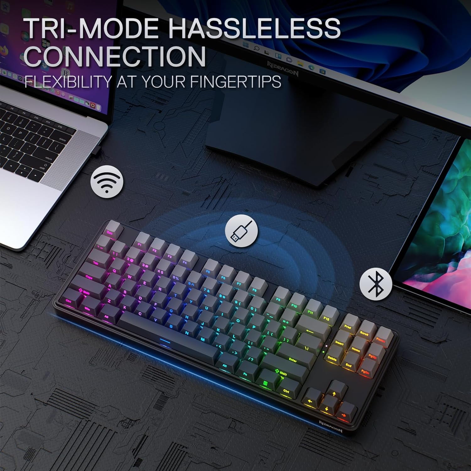 Redragon K707 PRO GB 80% Gasket RGB Gaming Keyboard, 3-Modes Wireless TKL Mechanical Keyboard w/Hot-Swap South-Facing LEDs Socket, PBT Gradient Keycaps & 5-Layer Noise Dampening, Custom Linear Switch