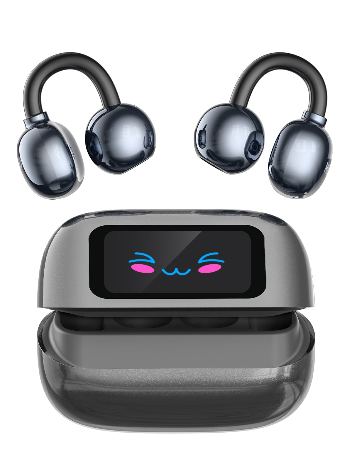 Clip-on Earbuds, Miniso MS199 AI Real-Time Translation Wireless, Open Ear Bluetooth 5.4, 130+ Languages, IPX5 Waterproof for Travel/Gym,With LED Touch Screen,Type-C Fast Charge, Gunmetal