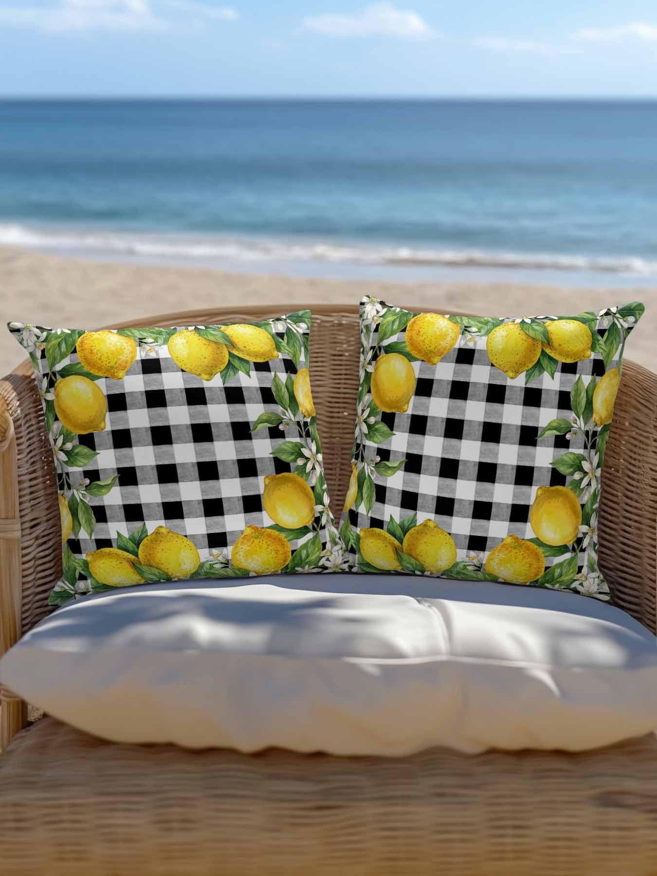 1 Pack Outdoor Pillows Waterproof, Summer Lemons Indoor/Outdoor Throw Pillows with Inserts, Fruits White Flowers Farmhouse Plaid Decorative Pillow for Patio Furniture Chairs Couch