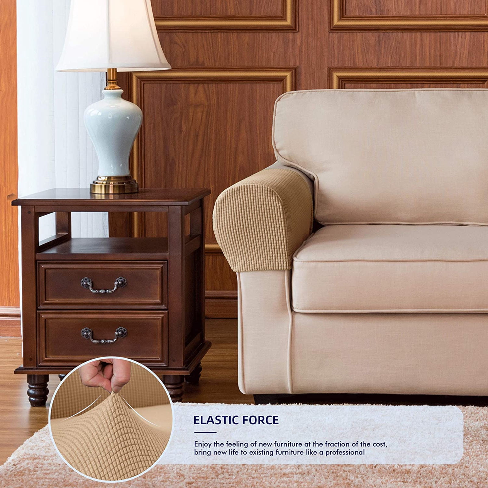 Stretch Armrest Covers, Anti-Slip Couch Arm Cover Spandex Armchair Slipcover for Recliner Sofa Washable Sofa Arm Protector with Twist Needle-Khaki-2 pcs