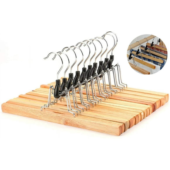 Wrinkle-Free Hold Wooden Pants Hangers, Solid Wood Non-Slip Grip Hangers With 360 Degree Swivel Hook For Closet Organizer
