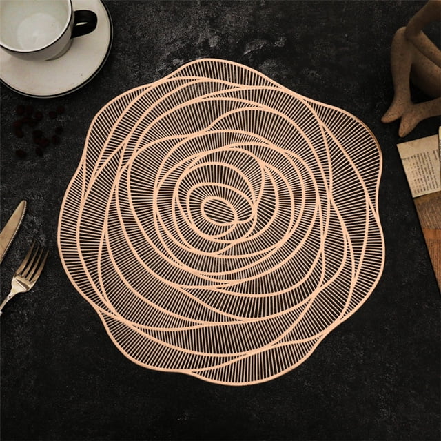 Uuiauoio Washable Vinyl Pmats for Dining Table, Non-Slip Heat-Resistant Round Table Mats, Decorative Rose Gold Floral Design for Kitchen, Wedding, Party, Home Decor, Set of 6