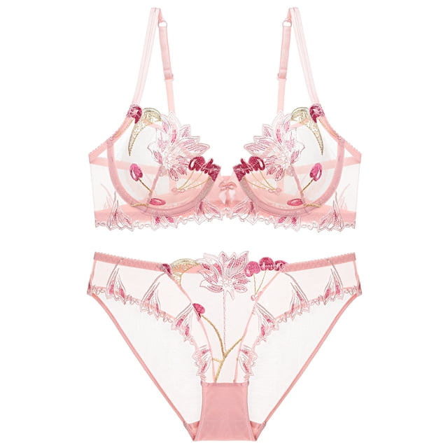 Conjunto de sujetador transparente con bordado de lencería súper sexy de Europa y Estados Unidos para mujer, pechos grandes, talla pequeña