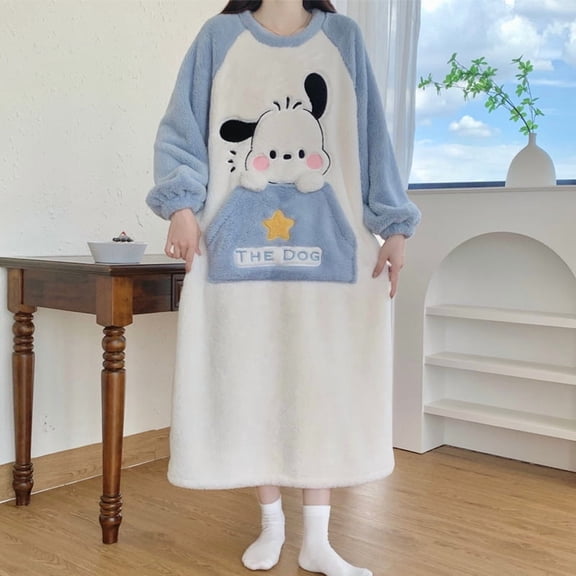 Cartoon Cinnamoroll Women's Thickened and Fleece-Lined Mid-Length Coral Fleece Plus-Size Loungewear Pajamas for Autumn and Winter