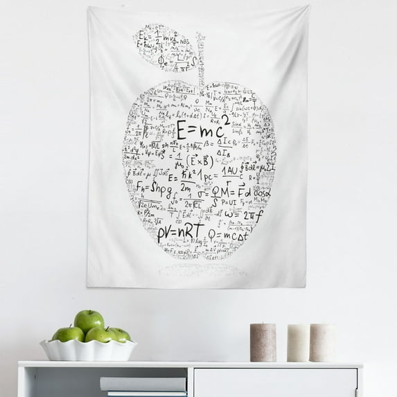 Science Tapestry, Equations and Formulas in the Shape of an Apple Learning Knowledge Student, Fabric Wall Hanging Decor for Bedroom Living Room Dorm, 5 Sizes, Black White, by Ambesonne