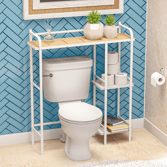 Home Zone Living Over the Toilet Storage Rack, 3 Tiers Space Saver, Bamboo White