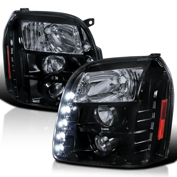 Spec-D Tuning Dual Halo LED Glossy Black Housing Smoke Lens Projector Headlights Compatible with 2007-2014 GMC Yukon, 2007-2014 GMC Yukon XL 1500 2500, Left Right Pair Headlamps Assembly