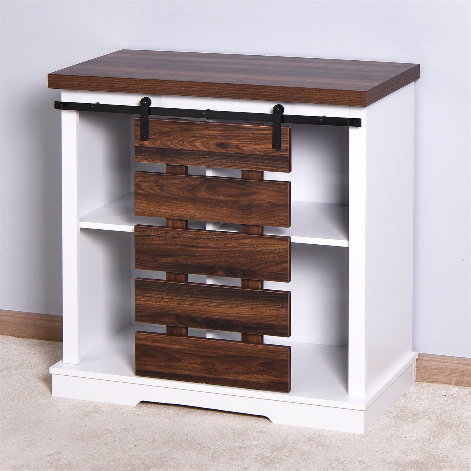 Wooden Storage Cabinet with Barn Door, Living Room Console Shelves Table, White Wooden Storage Cabinet with Barn Door, Living Room Console Shelves Table, White