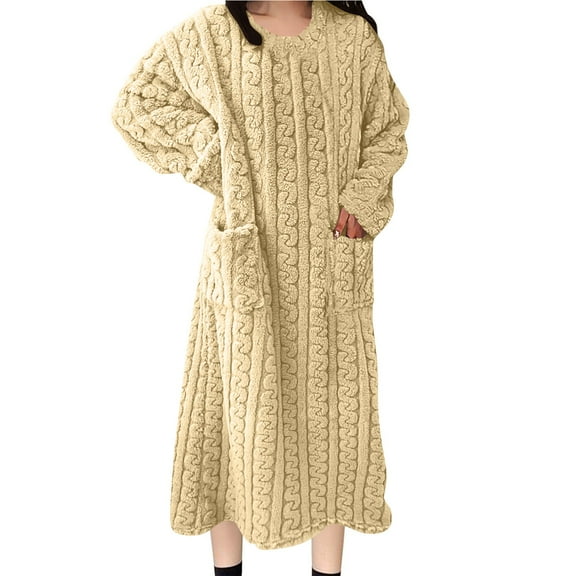 Chbgutlmr Womens Pajamas Winter Fleece Warm Nightgown Crew Neck Long Sleeve Textured Loose Comfy Homewear Dress with Pockets