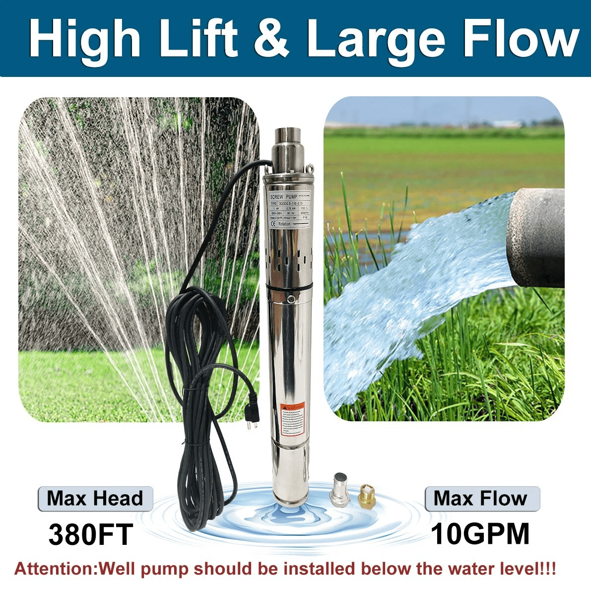 iMeshbean 1HP 3"OD Deep Well Submersible Pump Screw Water Pump 220V-240V 380FT Hmax 10GPM 33ft Cord