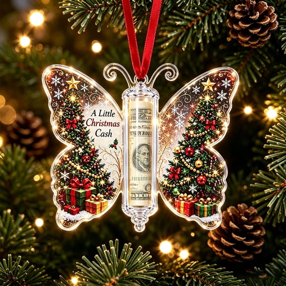 Christmas Tree Cash Holder Ornament, Clear Acrylic Butterfly Design Cash Tube Holder With Hanging Ribbon For Holiday, Tree Wreath And Gift Giving