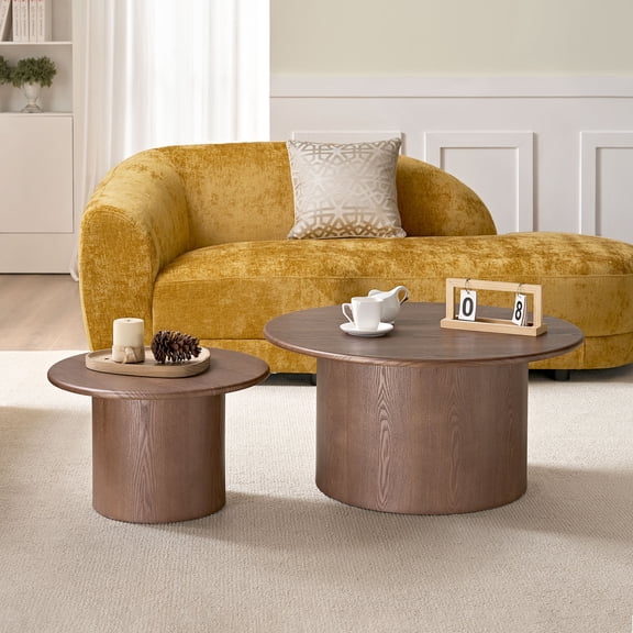 Nesting Coffee Table Set of 2, Modern Round Center Table and End Table Set, Circle Side Table Minimalist Center Tables for Living Room, Walnut