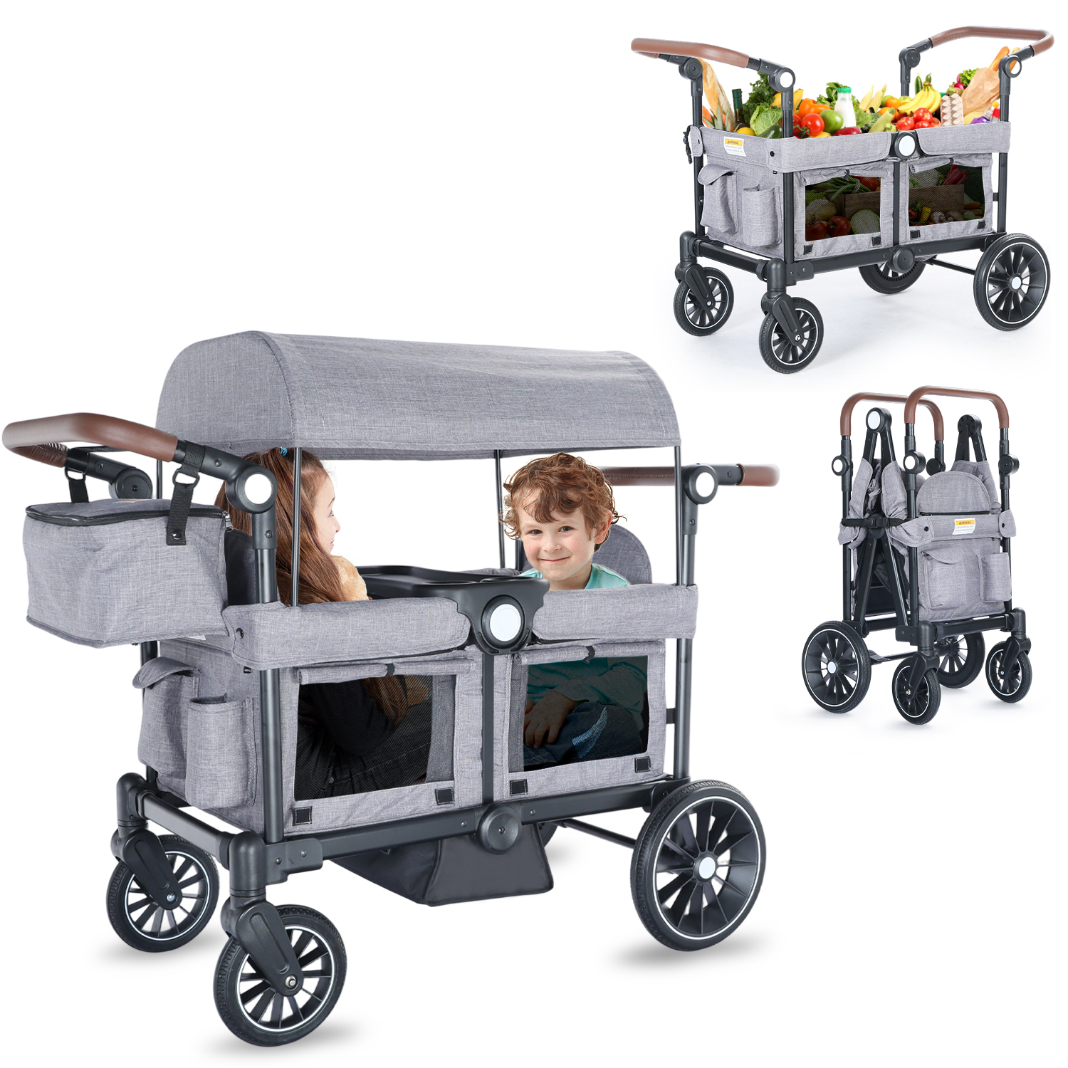 LINLUX Toddler Wagon Stroller, All Terrian Baby Stroller Wagon, Fodable Kids Wagon 2 Seats, Grey