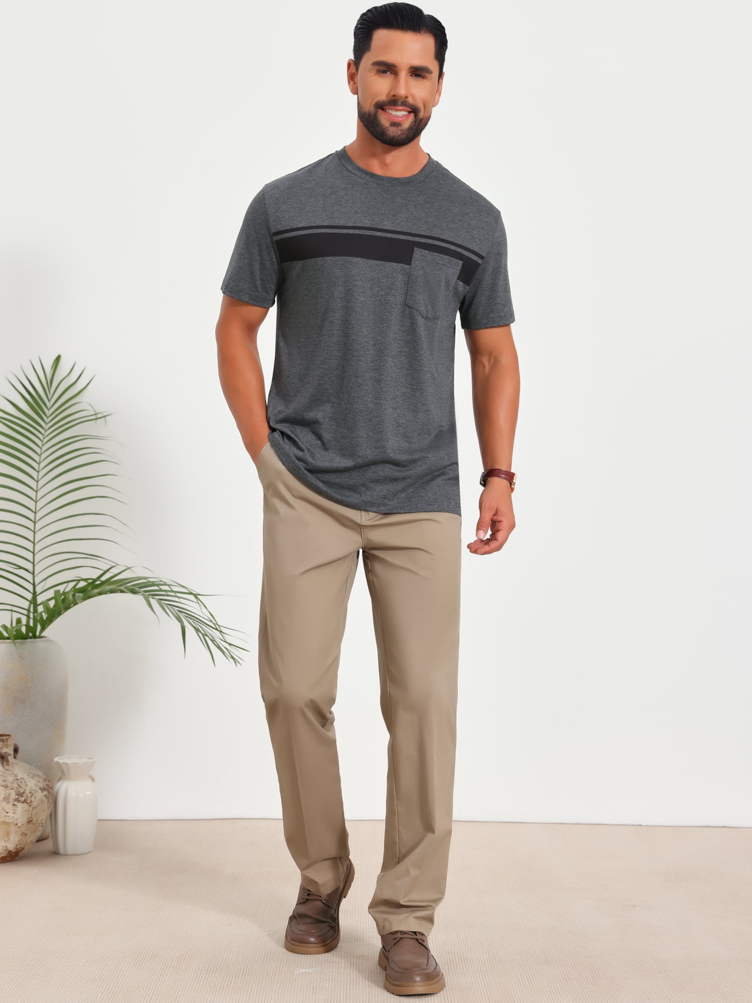 DARING DIVA Men's Chest Pocket Striped Print Crew Neck Short Sleeve T-Shirt 2XL Dark Gray