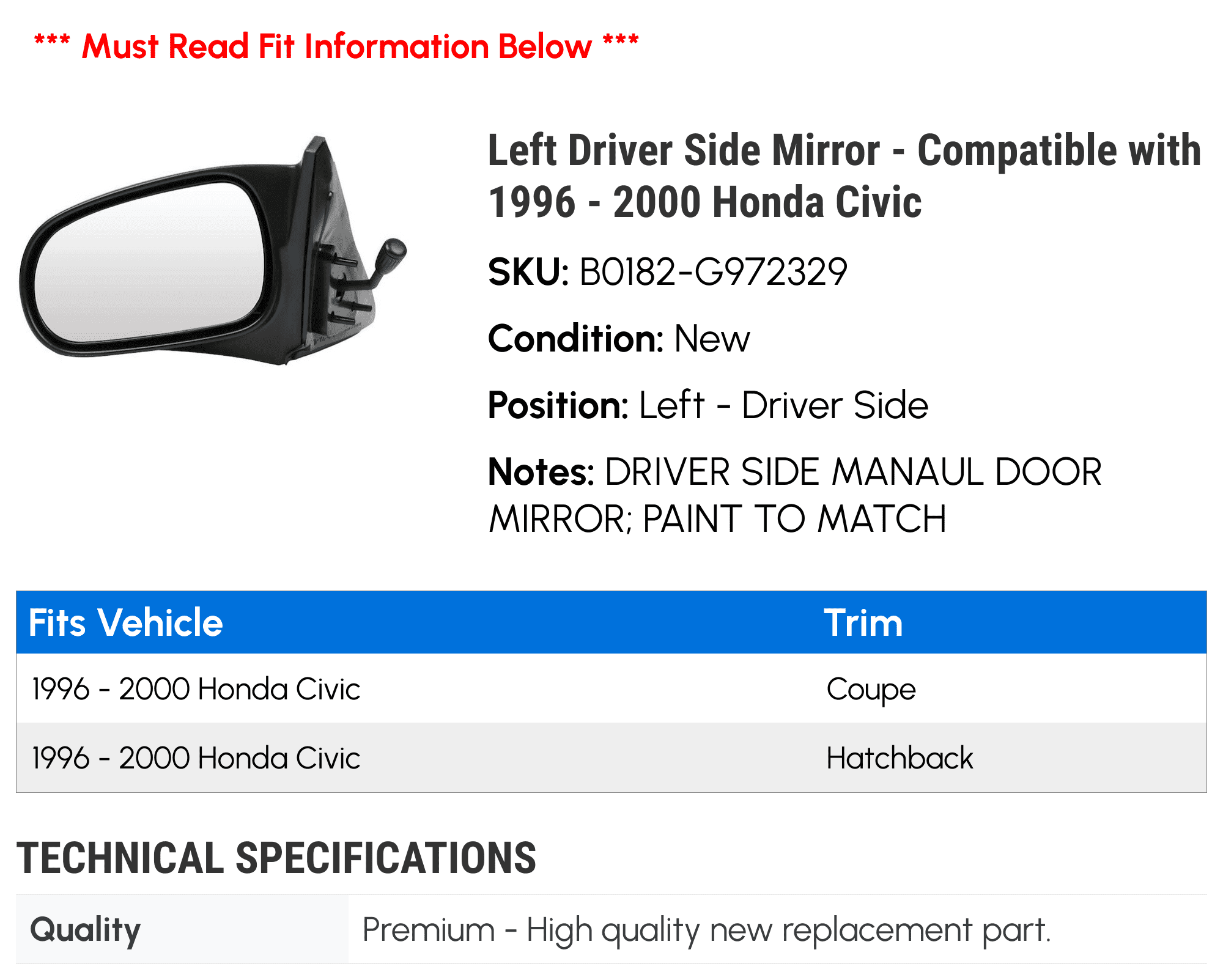 Left Driver Side Mirror - Compatible with 1996 - 2000 Honda Civic 1997 1998 1999