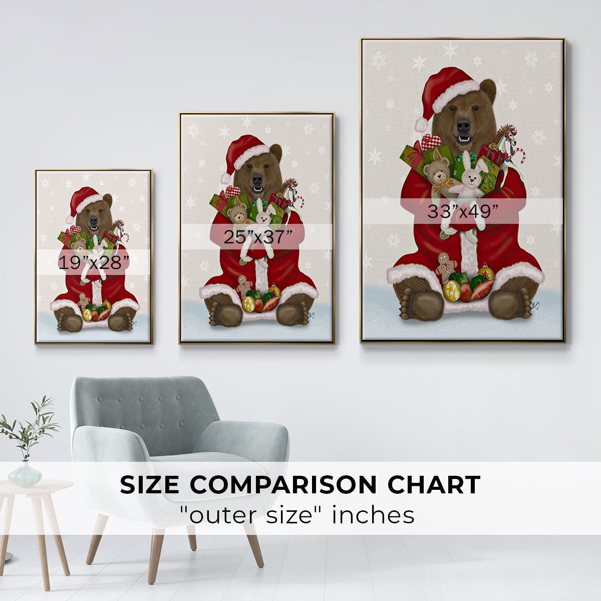 Christmas Christmas Present Bear Hug - Framed Gallery Wrapped Holiday Canvas - 25 x 37 - Gold Frame