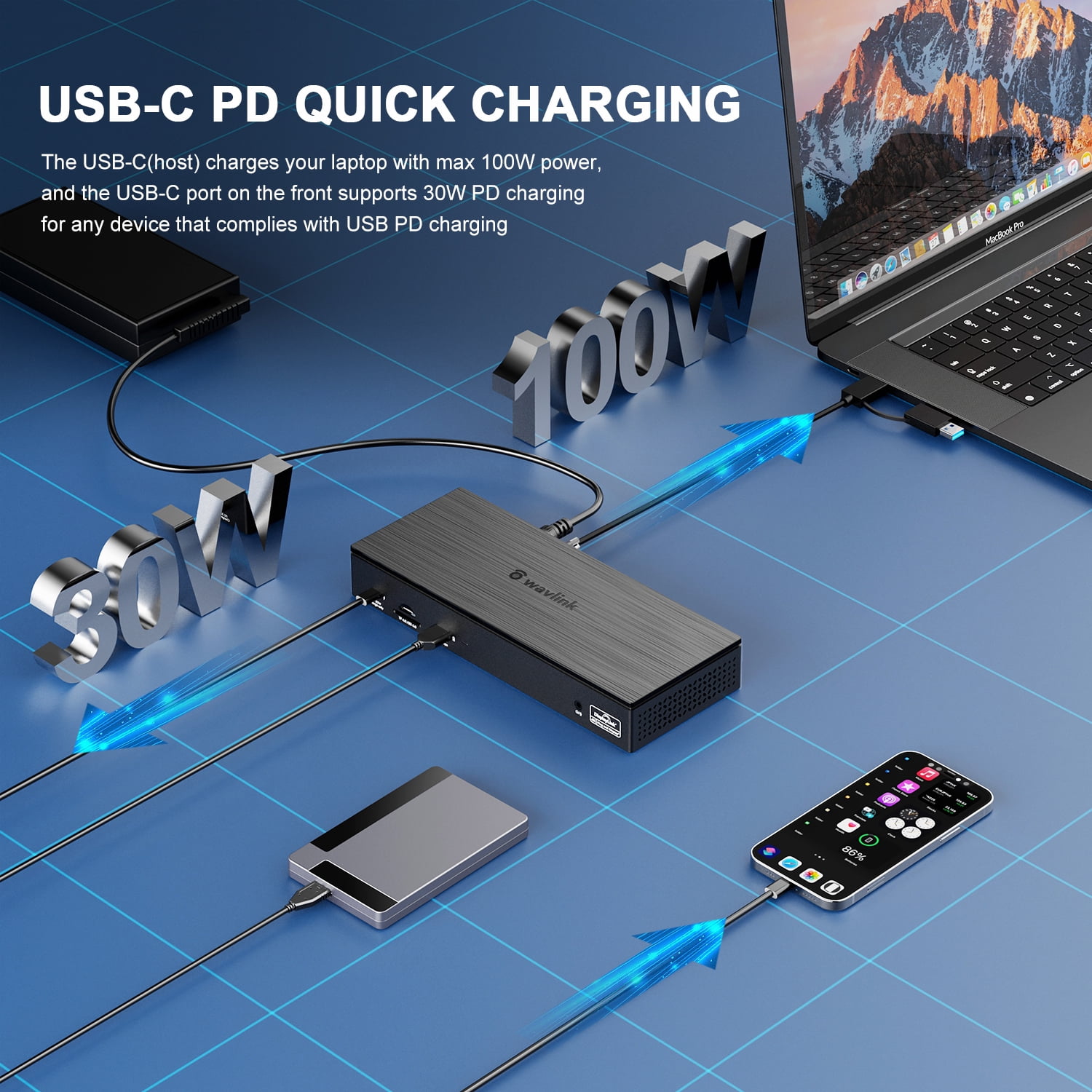 Wavlink 5K@60Hz Quad Display USB-C Docking Station, Compatible with MacBook Neo 18-in-1 Laptop Dock 100W charging for MacBook & Windows with 4 DP, 4 HDMI, 2.5G Ethernet, SD/TF, USB-C (PD30W, No Data)