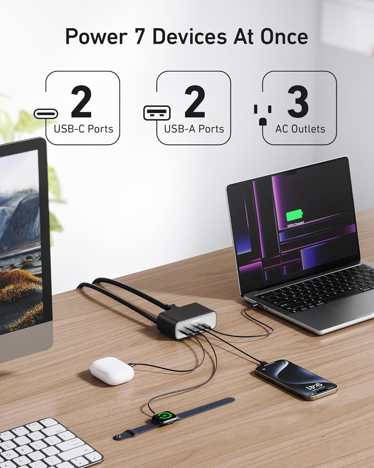 Anker Charging Station(100W Max), 7-in-1 USB C Power Strip for iPhone 15/14 and Macbook Air/Pro, 5ft Thin Cord,3 AC, 2 USB A,2 USB C,Power Delivery Desktop Accessory for MacBook Pro,