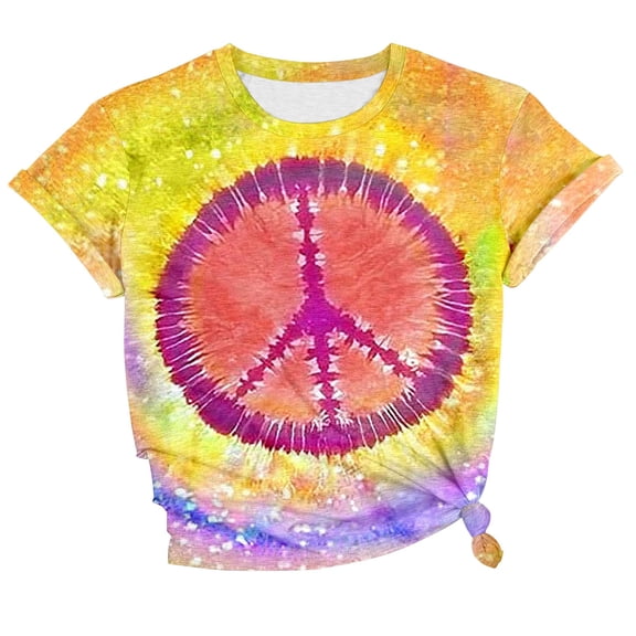 WEIWEN Hippie Tshirts Shirts for Women Trendy 2026 Tie Dye Peace Love Graphic Tees Womens Summer Tops Casual Crew Neck Short Sleeve Fitness Outfits Yellow, S