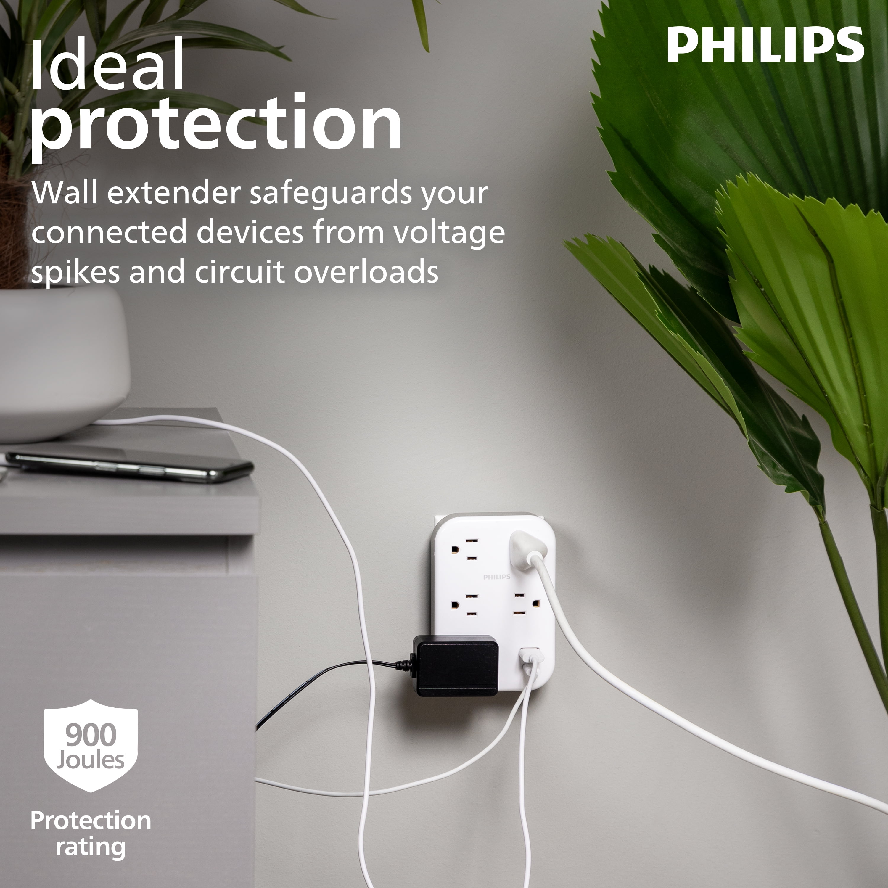 Philips 5 Outlet Surge Tap, Adapter Spaced, 1 USB-A, 1 USB-C, 17W, 900J, White