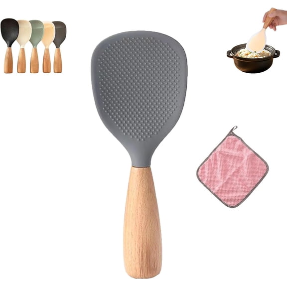 Short Wooden Handle Silicone Spatula, Silicone Spoons for Cooking, Multifunction Cooking Spoon, Silicone Spatula for Baking, Rice Cooker Heat-Insulation Heat-Resistant Spoons(Gray)