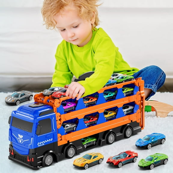 KukuFun 78 inches Transport Truck with 24 Die-Cast Cars Toys, Toddler Car Toys Gifts for 2 3 4 5 6 7 Years Old Boys Girls Kids, 2 3 4 5 Years Old Boys Toys