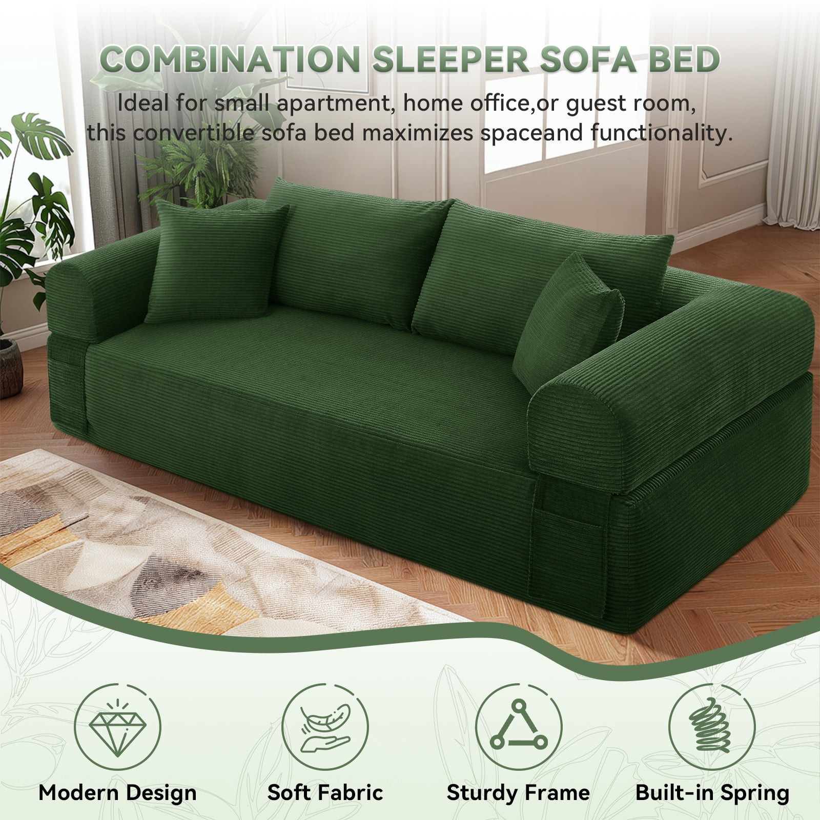83" Seater Sofa Bed Couch with 4 Furry Pillows & Corduroy Fabric, No Assembly Sofa in a Box, Boneless Couch with Side Storage Pockets for Living Room, Bedroom, Office