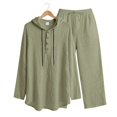 thumbnail image 4 of Men's Linen Blend 2 Piece Outfit Hooded Henley Shirt Drawstring Wide Leg Pants Set Green S, 4 of 10