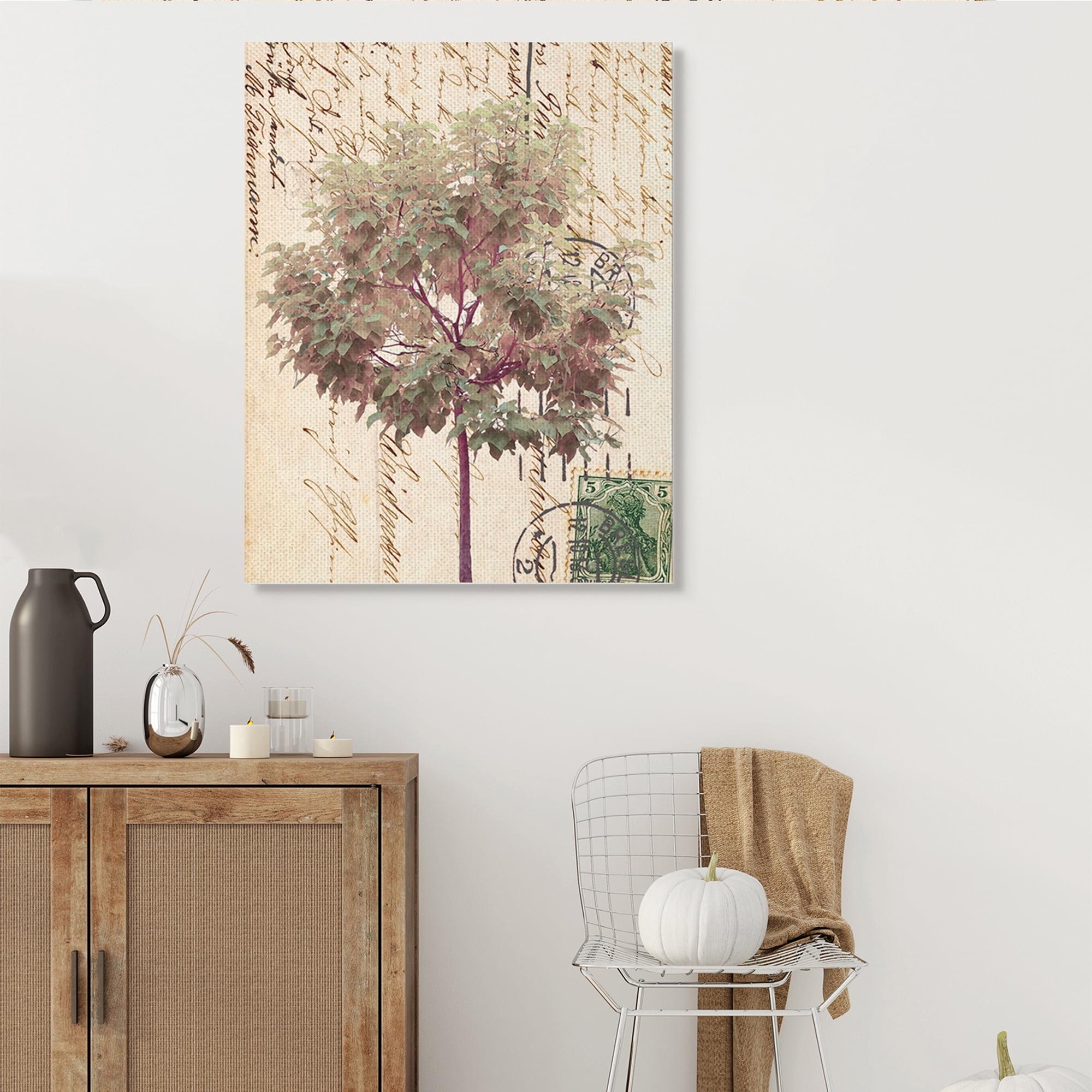 Stupell Industries Vintage Postal Script Note Red Root Tree Abstract Painting Gallery Wrapped Canvas Art Print Wall Art, 36 x 48
