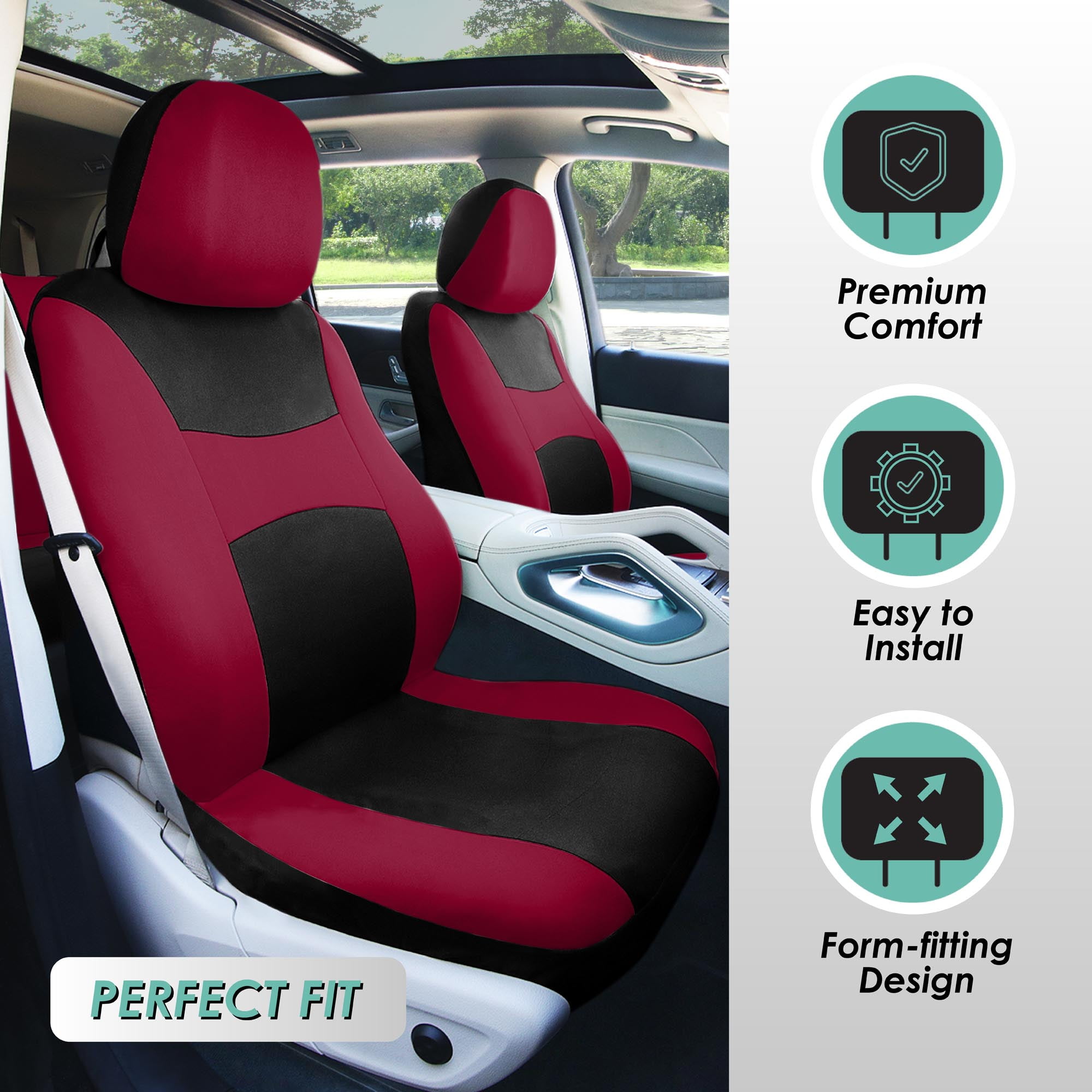 FH Group Light & Breezy Flat Cloth Car Seat Cover Set For Car Truck SUV Van Burgundy - Front