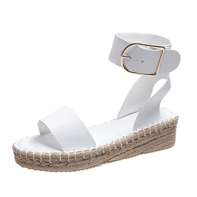 Summer Ladies Shoes Slope Heel Thick Soled Straw Woven Metal Buckle Womens Sandals