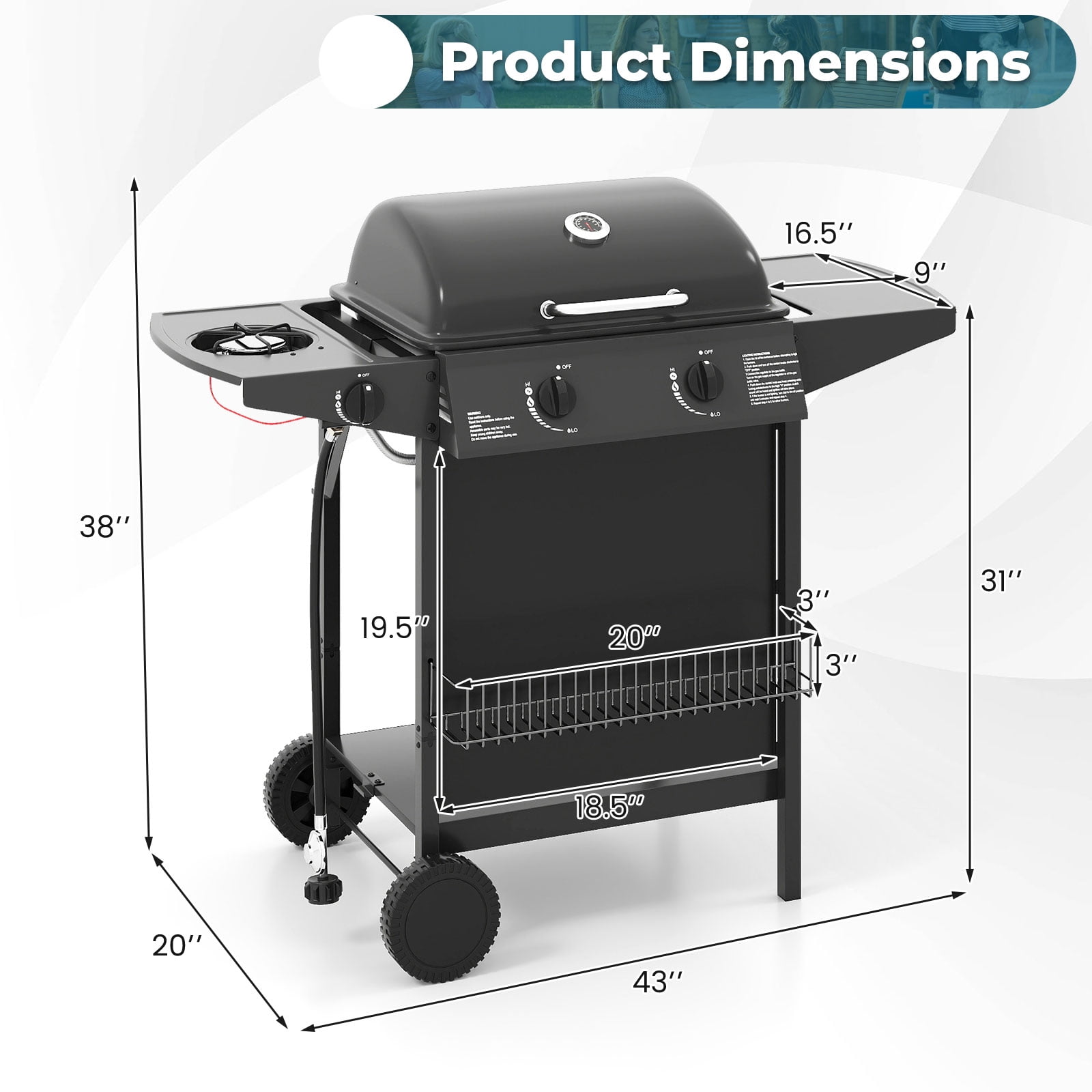 Gymax 30000 BTU Outdoor Cooking Grill w/Storage Shelves & Porcelain-Enameled Grates