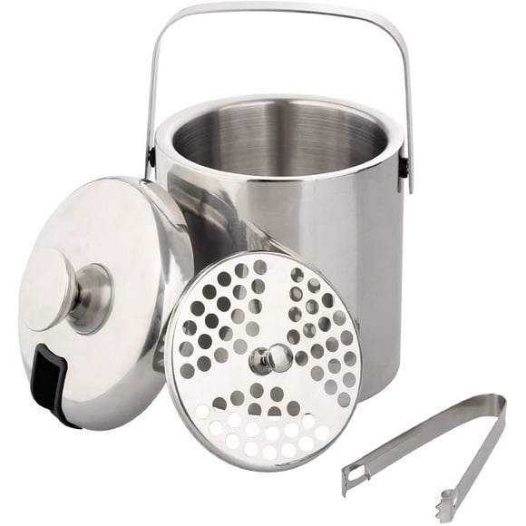Clearance:1.2L Double Tier Ice Cube Tray Stainless Steel Ice Bucket Ice Bucket with Lid，Ice Bucket Ice Clip Slant Beer Bucket Cup