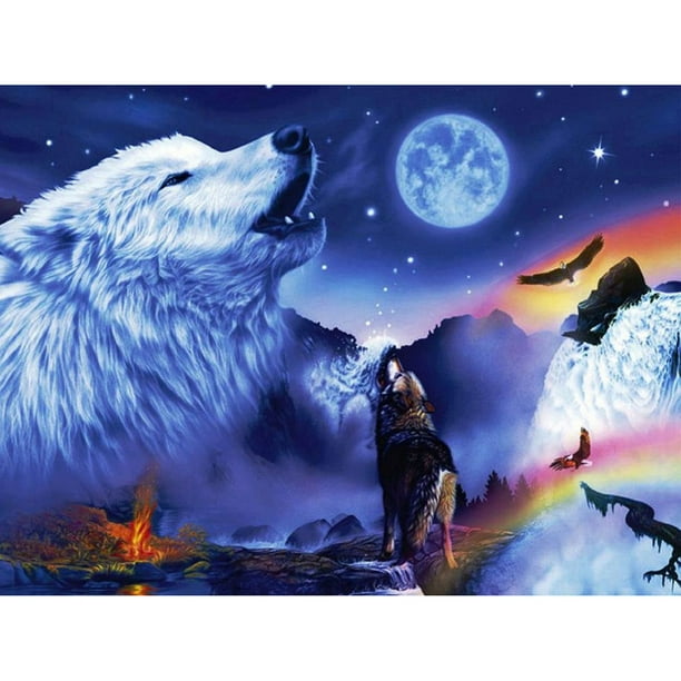 Pintura de diamante (DE5572) 5D Lobo aullando bajo la luna Cuadrado Artesanía 50x70cm Hugtrwg Para estrenar