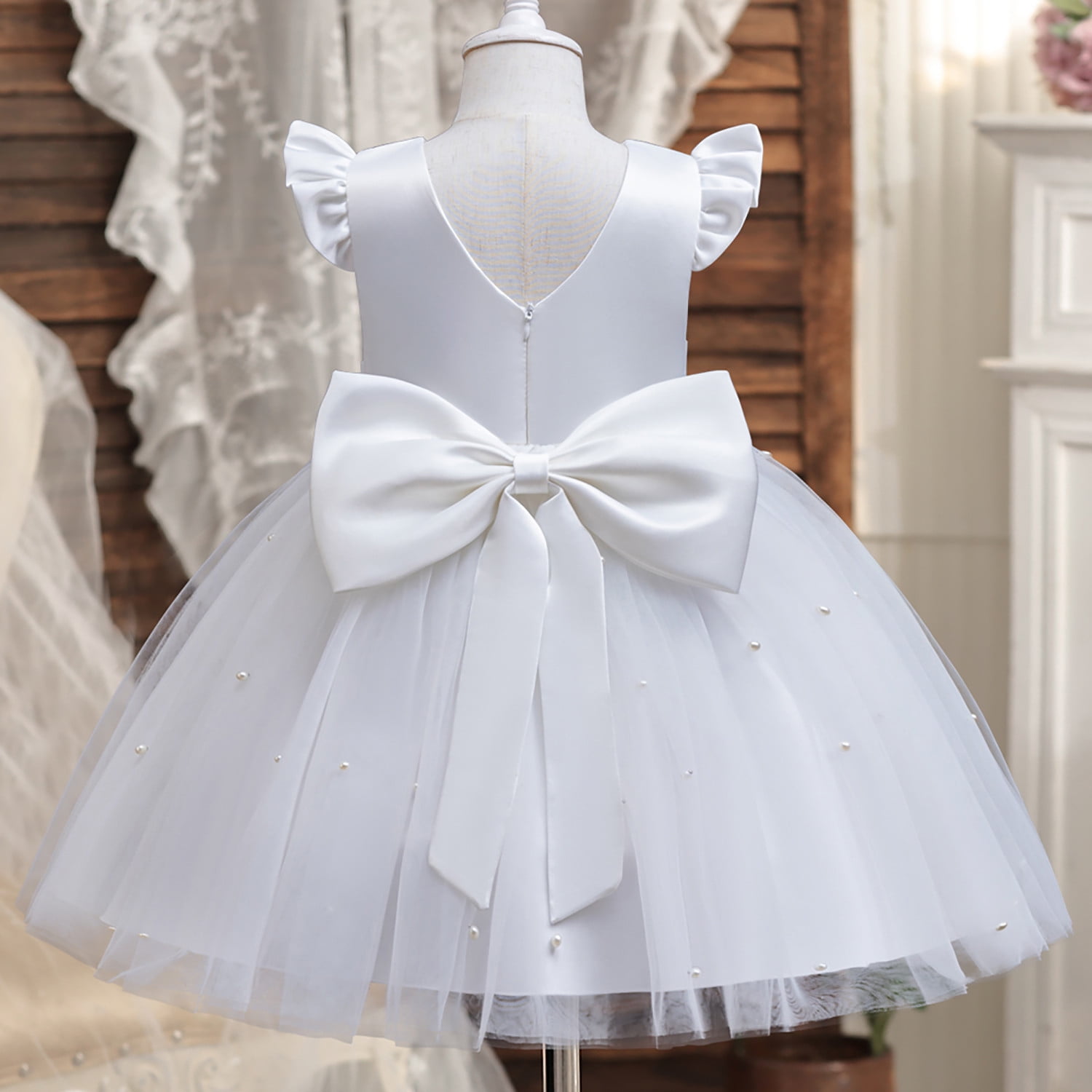 WEAIXIMIUNG White Dresses for Graduation Long Toddler Girls Fly Sleeve Dresses  Pearl Decoration Solid Bowknot Dress 4-5 Years - Walmart.ca