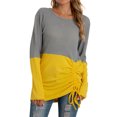 thumbnail image 1 of Women Colorblock Drawstring Hem Crew Neck Long Sleeve Knitted Top, 1 of 7