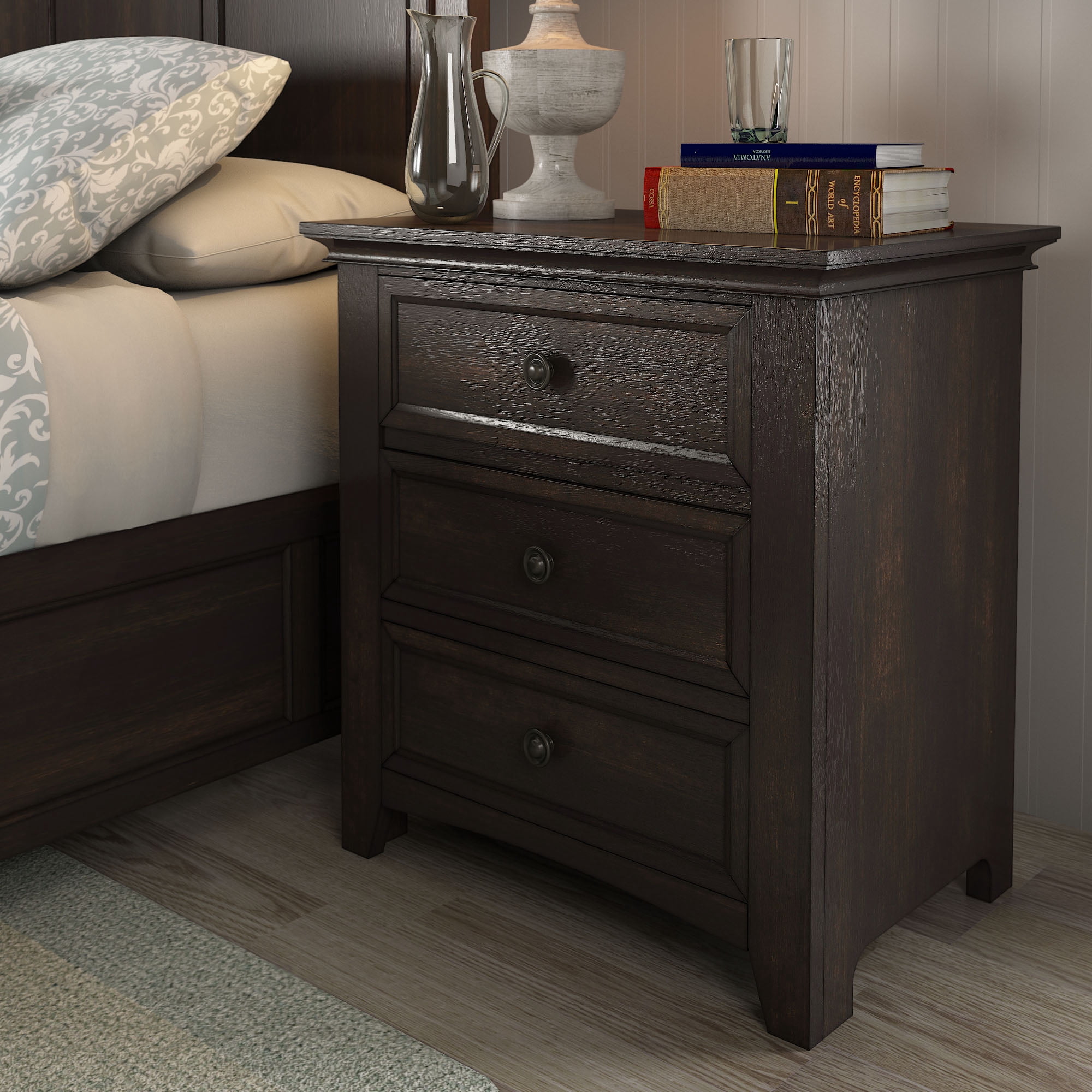 Weston Home Crestler Classic Nightstand with 3-Drawers & Charging Station, Antique Black