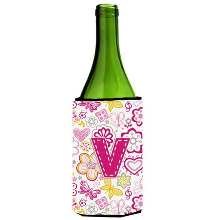 

Caroline s Treasures CJ2005-VLITERK Letter V Flowers and Butterflies Pink Wine Bottle Beverage Insulator Hugger Wine Bottle multicolor