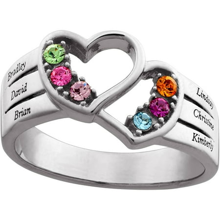 Personalized Planet - Personalized Mother&amp;#39;s Sterling Silver Family Name &amp; Birthstone Double Heart Ring