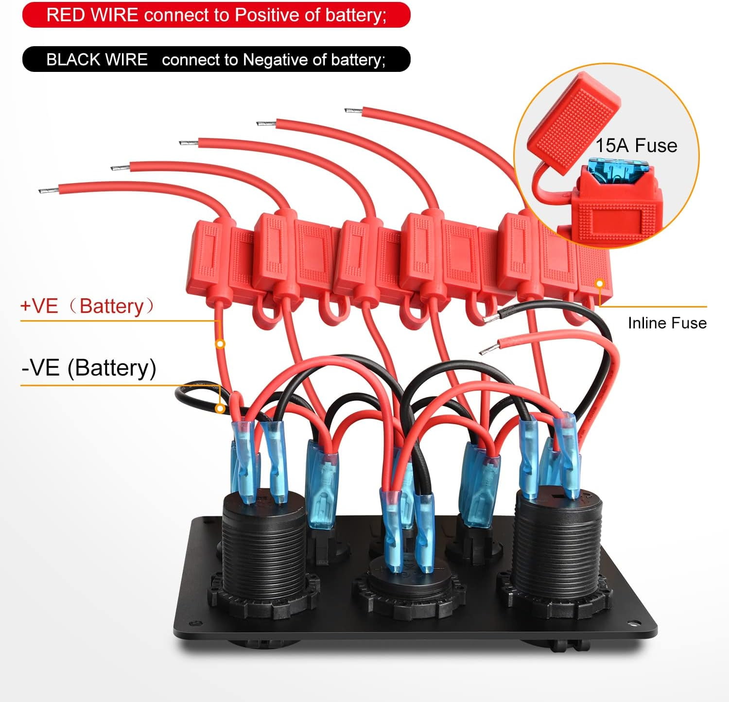 DEXIMRO Multi-Function 5 Gang Rocker Switch Dual USB Charger Digital Volmeter 12V Outlet Pre-Wired Switch Panel Blue with Circuit Breakers for RV Car Boat Truck Trailer