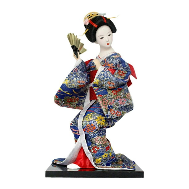 Figura asiática de Kabuki, escultura de niña con kimono japonés, adorno, figurita de kimono Kabuki azul