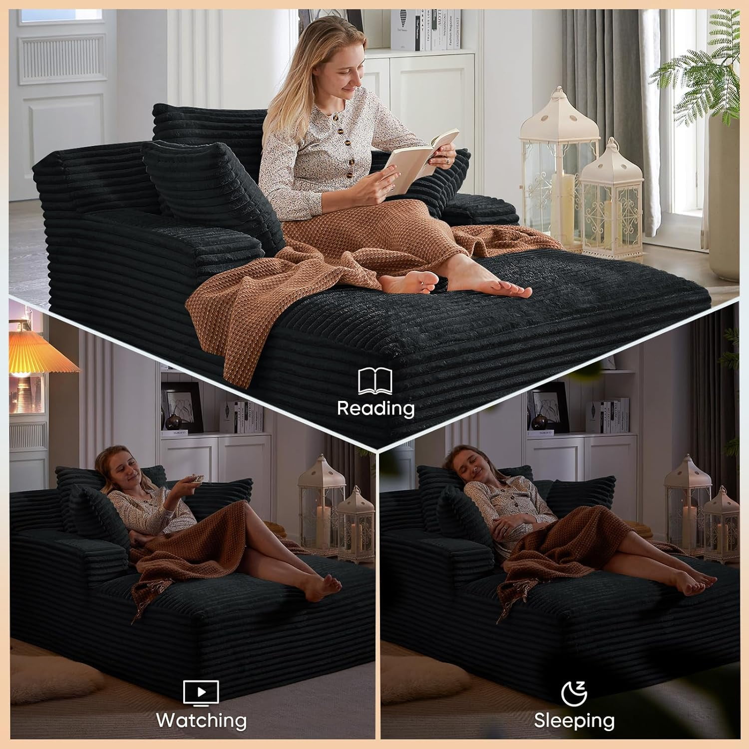 AENKYO 50" Chaise Lounge Sofa Bed with 3 Pillows, Convertible Sleeper Couch for Living Room, Bedroom & Small Spaces - Corduroy Upholstered Deep Seat Comfy Furniture - Black