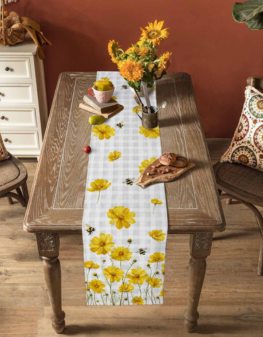 nqOlkjepod Yellow Flowers Table Runner 48 Inches Long Farmhouse Dress Scarves, Summer Bee Country Floral Gray Plaid Dining Tablerunner for Coffee Table/Kitchen Island/Party Décor, 13" x 48"