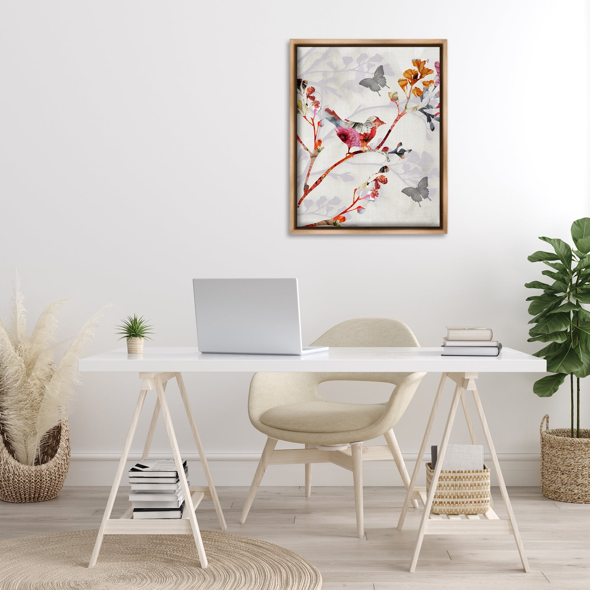 Stupell Industries Birds & Butterflies Nature Landscape Painting Brown Floater Framed Canvas Art Print Wall Art, 25 x 31
