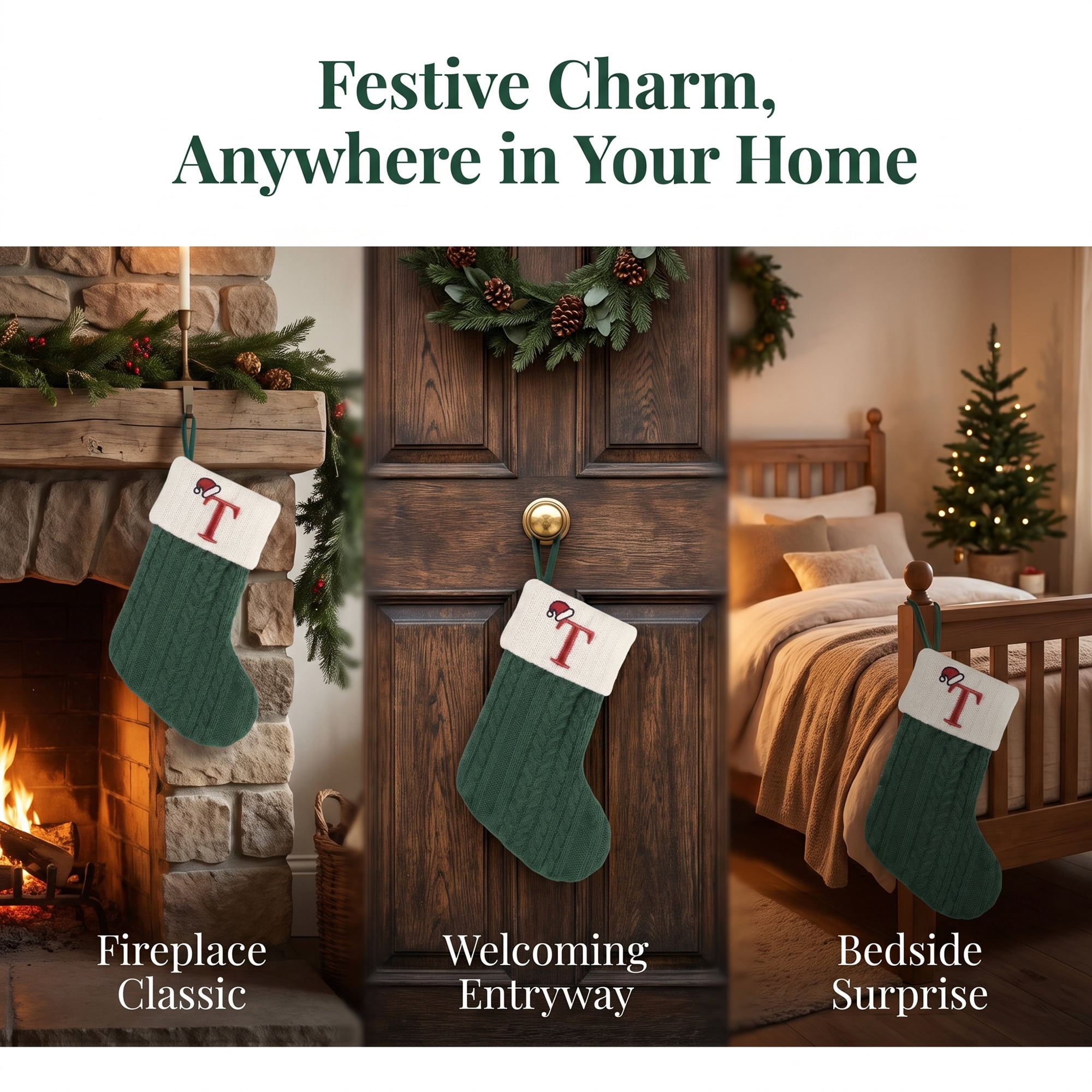 Unique Bargains Christmas Luxury Grand Hearth Accent Stocking Green Letter T 8"