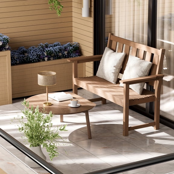 Kaleemen 50’’ Outdoor Bench, All Weather 2-Person HDPE Garden Bench for Park, Porch and Patio, Brown