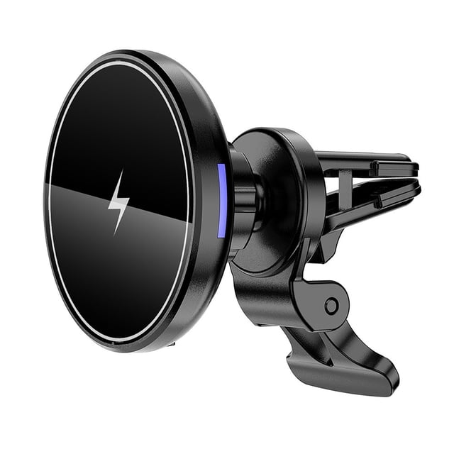 Wireless Charging Pad with 20W Type-C Adapter, a black magnetic wireless charger for iPhone series. The charger is mounted on a compact base with a clamp mechanism for secure attachment, supporting one-hand operation, infinite viewing angles, and minimal space occupancy. Suitable as a cell phone dock for fast charging.