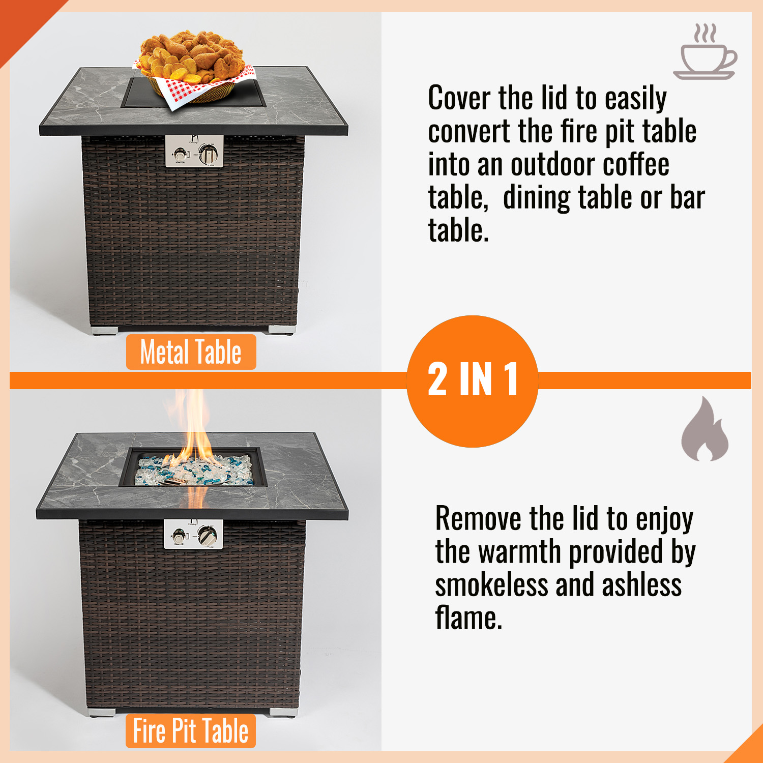 AJ Enjoy 30" Outdoor Propane Gas Fire Pit Table, 40,000 BTU Auto-Ignition Gas Firepit with  Mixed Color Glass Rocks, Brown
